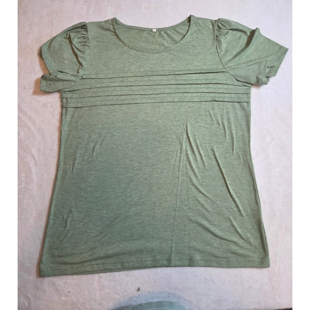 043-Women's Sage Green Puff Sleeve Pleated Blouse Top Size Medium Stretch